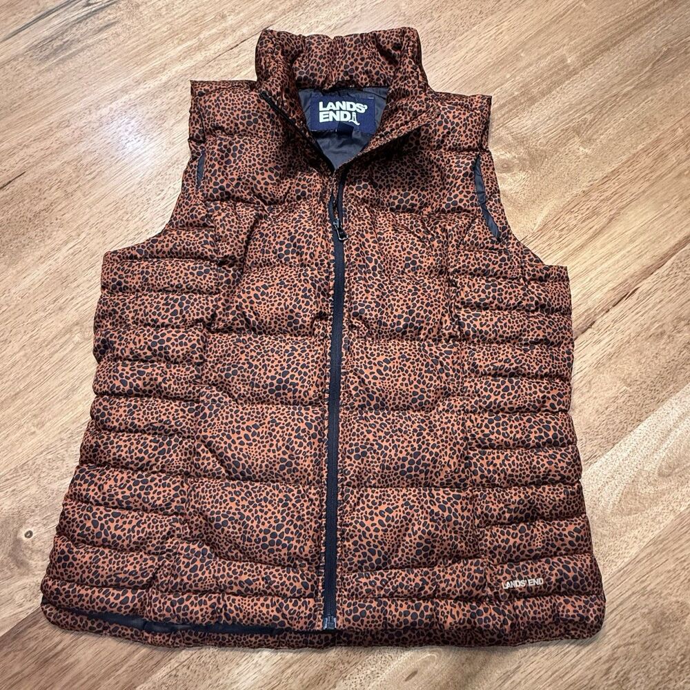 Lands End Feather/ Down Vest Large Chetah Animal Print Puffer Jacket Preppy